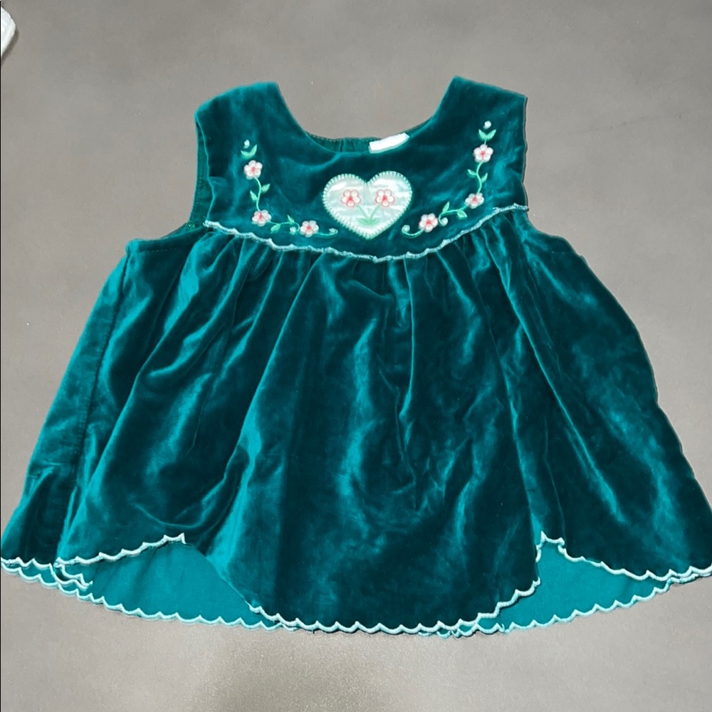 VINTAGE Paper Tag Velvet Dress w/ Embroidered Heart/Flowers and Scalloped Edges